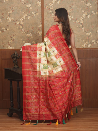 Golden Beige and Red Pochampally Silk Saree with Gharchola Pattern & Hand Aari Embroidery