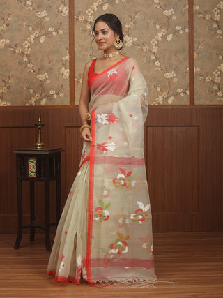 Ivory White Bengal Handloom Muslin Saree with Red Borders and Multicoloured Floral Jamdani Weaves