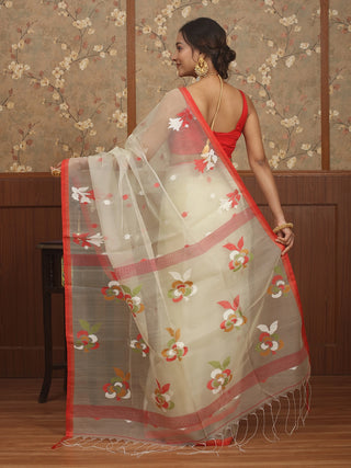 Ivory White Bengal Handloom Muslin Saree with Red Borders and Multicoloured Floral Jamdani Weaves