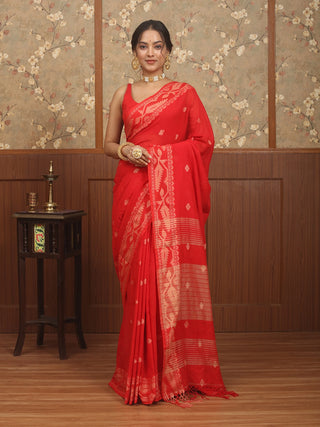 Vibrant Red Bengal Pure Cotton Powerloom Saree with Jamdani Weaving