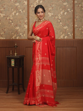Vibrant Red Bengal Pure Cotton Powerloom Saree with Jamdani Weaving
