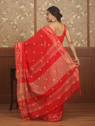 Vibrant Red Bengal Pure Cotton Powerloom Saree with Jamdani Weaving