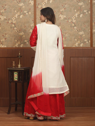 Ivory & Red Georgette-Cotton Silk Lacha Set with Zardozi Work