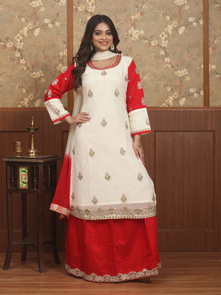 Ivory & Red Georgette-Cotton Silk Lacha Set with Zardozi Work