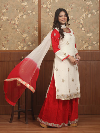 Ivory & Red Georgette-Cotton Silk Lacha Set with Zardozi Work