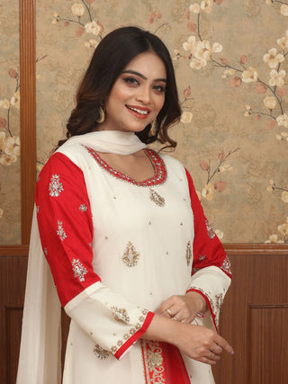 Ivory & Red Georgette-Cotton Silk Lacha Set with Zardozi Work