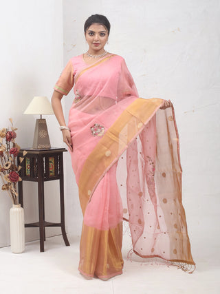 Blush Pink Pure Organza Silk Saree with Hand Aari Work
