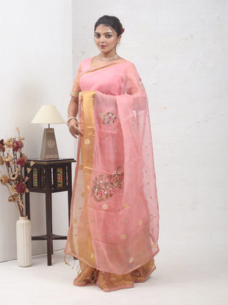 Blush Pink Pure Organza Silk Saree with Hand Aari Work