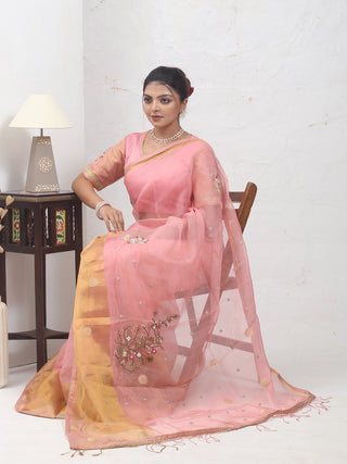 Blush Pink Pure Organza Silk Saree with Hand Aari Work