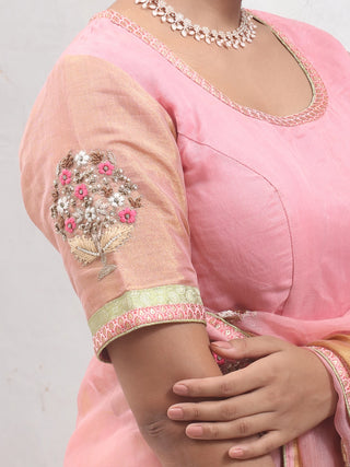 Blush Pink Pure Organza Silk Saree with Hand Aari Work