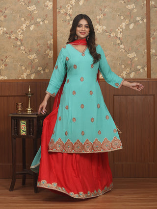 Aqua Blue & Red Georgette-Cotton Silk Lacha Set with Zardozi Work