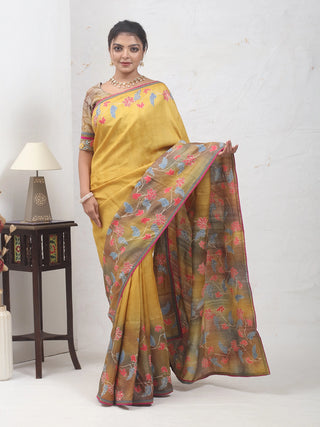 Mustard Yellow Tussar Silk Saree with Screen Print & Aari Highlights