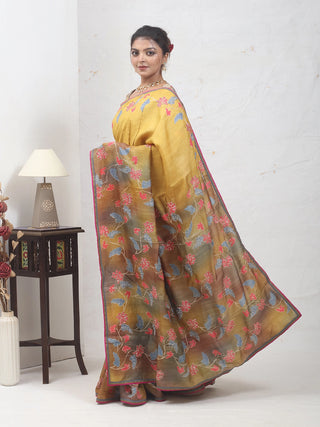 Mustard Yellow Tussar Silk Saree with Screen Print & Aari Highlights