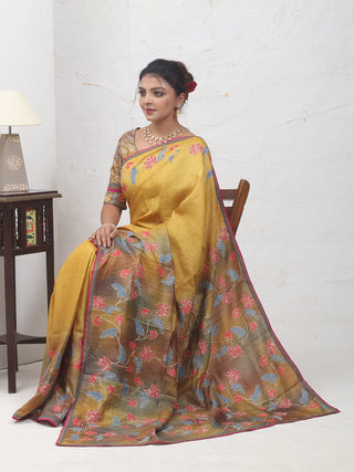 Mustard Yellow Tussar Silk Saree with Screen Print & Aari Highlights