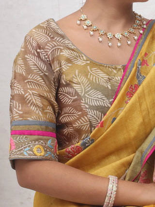 Mustard Yellow Tussar Silk Saree with Screen Print & Aari Highlights