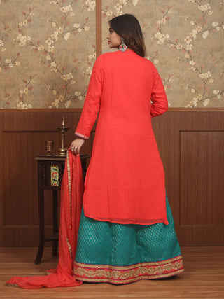 Vermilion Red and Teal Georgette-Cotton Silk Lacha Set with Zardozi Work
