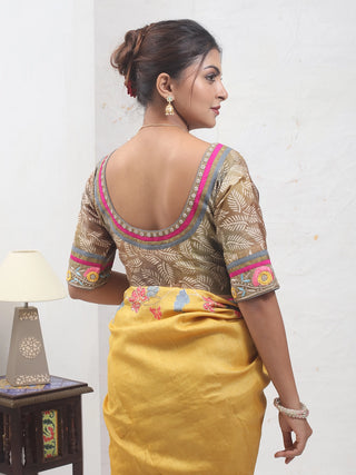 Mustard Yellow Tussar Silk Saree with Screen Print & Aari Highlights
