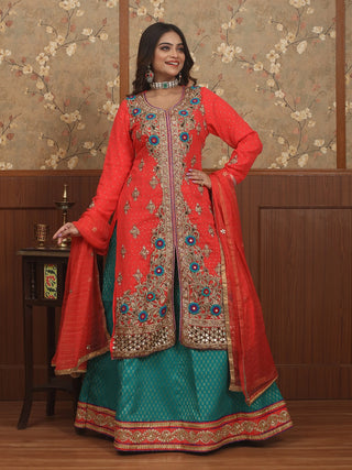 Vermilion Red and Teal Georgette-Cotton Silk Lacha Set with Zardozi Work
