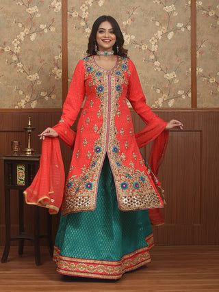 Vermilion Red and Teal Georgette-Cotton Silk Lacha Set with Zardozi Work