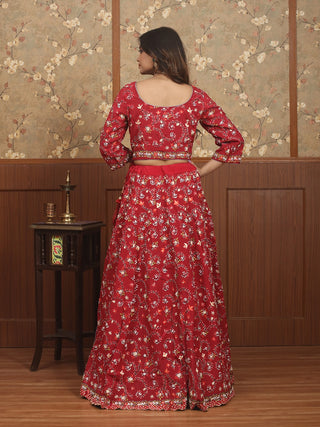 Crimson Crepe Silk Parsi-Inspired Hand Embroidered Lehenga-Choli Set