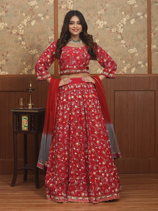 Crimson Crepe Silk Parsi-Inspired Hand Embroidered Lehenga-Choli Set