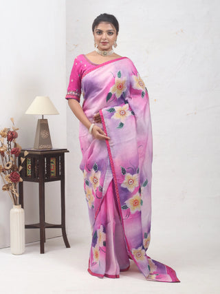 Pink-Lavender Hand-Painted Tussar Silk Saree with Aari Highlights