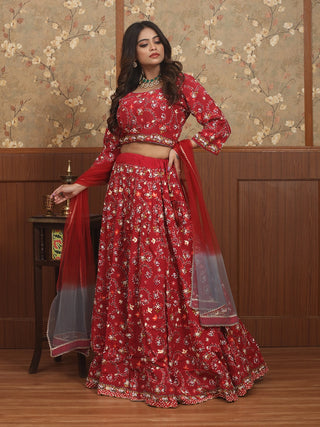 Crimson Crepe Silk Parsi-Inspired Hand Embroidered Lehenga-Choli Set