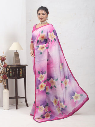Pink-Lavender Hand-Painted Tussar Silk Saree with Aari Highlights
