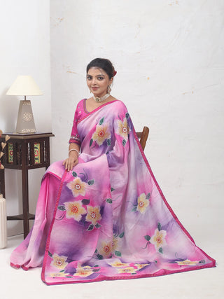 Pink-Lavender Hand-Painted Tussar Silk Saree with Aari Highlights