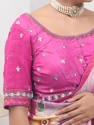 Pink-Lavender Hand-Painted Tussar Silk Saree with Aari Highlights