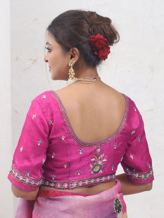 Pink-Lavender Hand-Painted Tussar Silk Saree with Aari Highlights