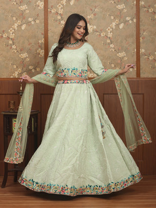 Mint Green Crepe Silk Hand Embroidered Lehenga-Choli Set