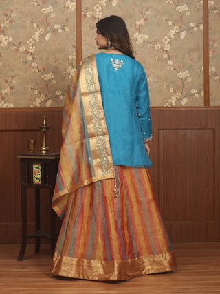 Teal Blue Organza Top & Tissue Banarasi Lehenga Skirt Set