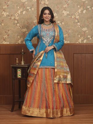 Teal Blue Organza Top & Tissue Banarasi Lehenga Skirt Set
