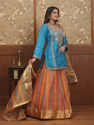Teal Blue Organza Top & Tissue Banarasi Lehenga Skirt Set