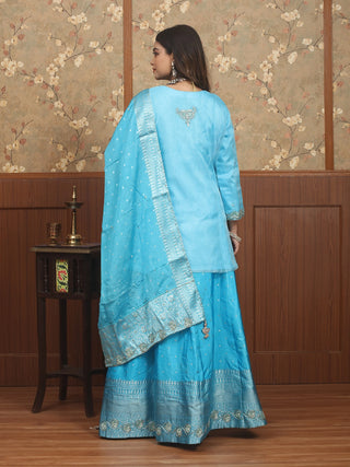 Sky Blue Semi-Katan Banarasi Lehenga-Organza Blouse Set with Zardozi Work