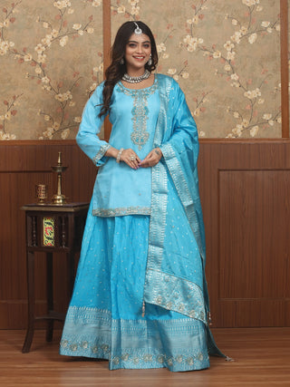 Sky Blue Semi-Katan Banarasi Lehenga-Organza Blouse Set with Zardozi Work
