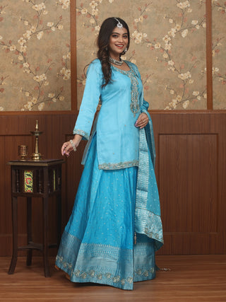 Sky Blue Semi-Katan Banarasi Lehenga-Organza Blouse Set with Zardozi Work
