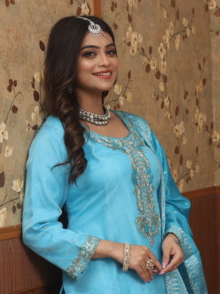 Sky Blue Semi-Katan Banarasi Lehenga-Organza Blouse Set with Zardozi Work