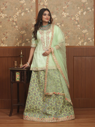 Mint Green Organza Blouse & Pista Green Chanderi Skirt with Zardozi Work