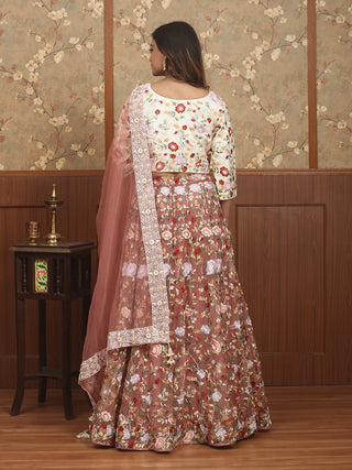 Dusty Pink Organza Lehenga & Ivory Bangalore Silk Choli With Floral Hand Embroidery