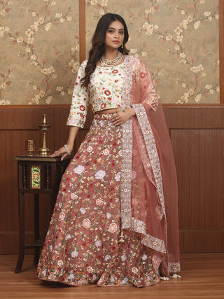 Dusty Pink Organza Lehenga & Ivory Bangalore Silk Choli With Floral Hand Embroidery