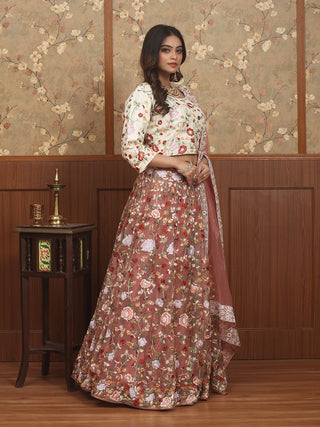Dusty Pink Organza Lehenga & Ivory Bangalore Silk Choli With Floral Hand Embroidery