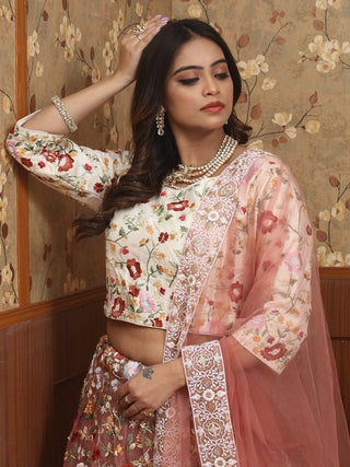 Dusty Pink Organza Lehenga & Ivory Bangalore Silk Choli With Floral Hand Embroidery