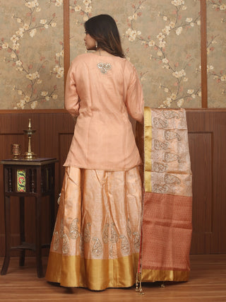 Peach Gold Semi-Katan Banarasi Lehenga And Peach Organza Blouse With Zardozi Work
