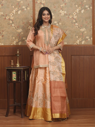 Peach Gold Semi-Katan Banarasi Lehenga And Peach Organza Blouse With Zardozi Work