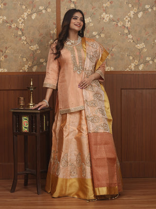 Peach Gold Semi-Katan Banarasi Lehenga And Peach Organza Blouse With Zardozi Work