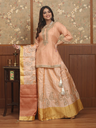 Peach Gold Semi-Katan Banarasi Lehenga And Peach Organza Blouse With Zardozi Work