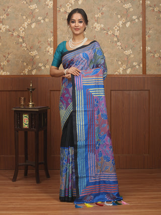 Black Pure Bangalore Silk Saree with Multicolour Reverse Kantha Embroidery