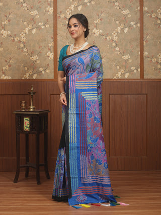 Black Pure Bangalore Silk Saree with Multicolour Reverse Kantha Embroidery